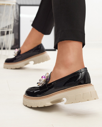 Mocasini de damă lăcuiți negri cu ornament Leliab- Footwear