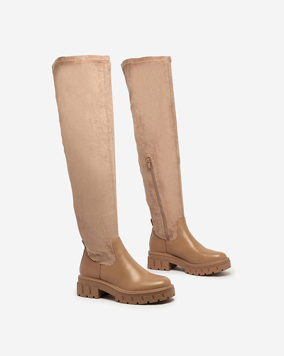 Royalfashion Cizme peste genunchi maro deschis pentru femei cu șiretlic Retamon