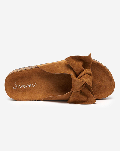 Papuci dama din piele intoarsa ecologica cu fundita in culoarea camel Dofro- Incaltaminte