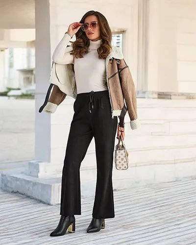 Royalfashion Pantaloni negri din țesătură de catifea pentru femei