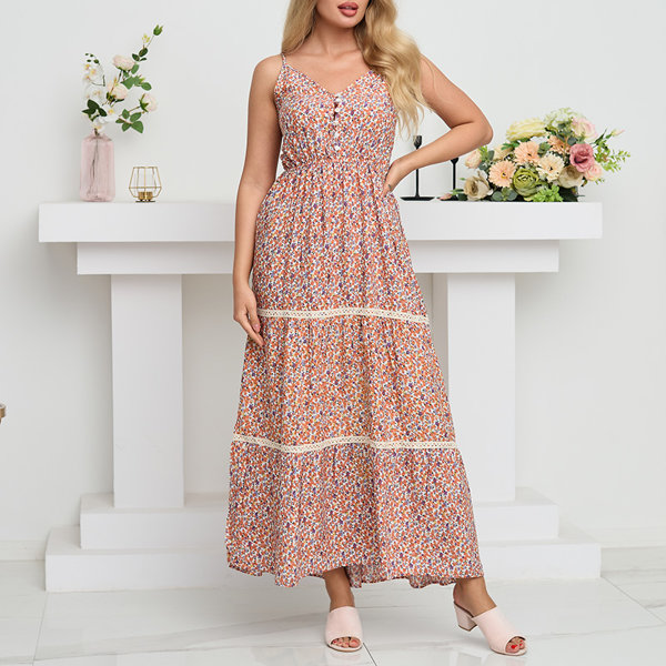 Rochie lungă portocalie de damă cu flori colorate - Îmbrăcăminte