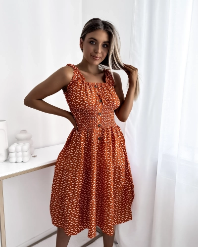 Rochie de damă lungă până la genunchi cu imprimeu în portocaliu- Îmbrăcăminte