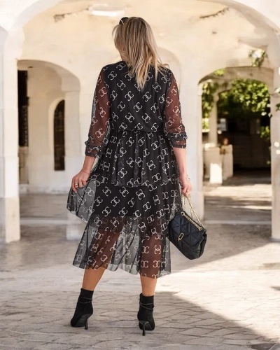 Royalfashion Rochie midi neagră din plasă cu imprimeu