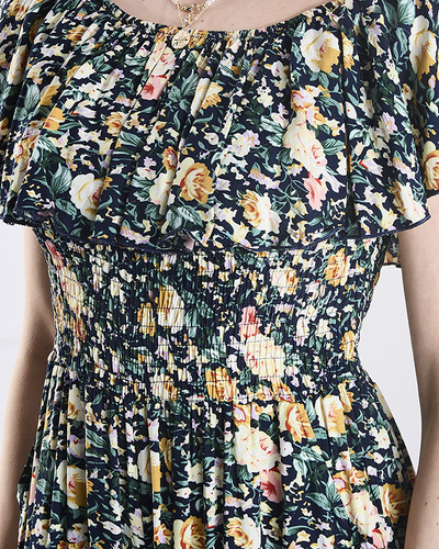 Salopetă lungă galben-marină cu model floral pentru femei - Îmbrăcăminte