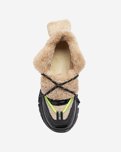 Pantofi sport de damă negri cu blană și șireturi galben neon Adbo- Footwear