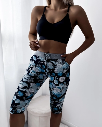 Pantaloni scurți 3/4 de damă, albastru închis, cu model floral - Îmbrăcăminte