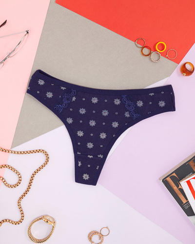 Tanga de dama bleumarin din bumbac cu flori - Lenjerie intima