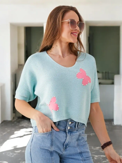 Royalfashion Pulover scurt din bumbac pentru femei cu fluturi