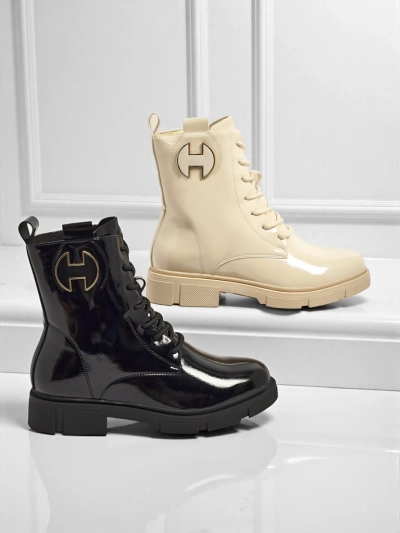 Botine de damă lăcuite cu șireturi Kalen