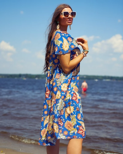 Royalfashion Rochie de damă cobalt cu model floral colorat