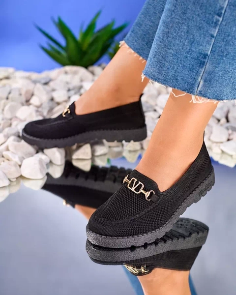 Royalfashion Mocasini negri din stofă pentru femei cu ornament auriu Ertica