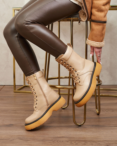 Royalfashion Cizme cu șiret pentru femei bej cu talpă solidă Diret