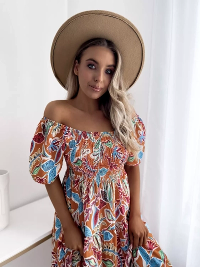 Rochie scurtă portocalie pentru femei cu umeri deschiși - Îmbrăcăminte