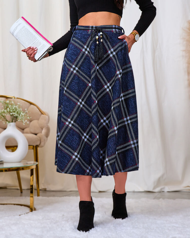 Royalfashion Fustă lungă pentru femei, gri și roșie, în carouri