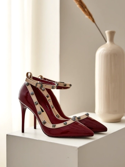 Pantofi stiletto din piele patent pentru femei cu ținte Qoscalle