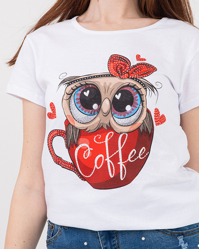 Tricou alb de damă cu bufniță - Îmbrăcăminte