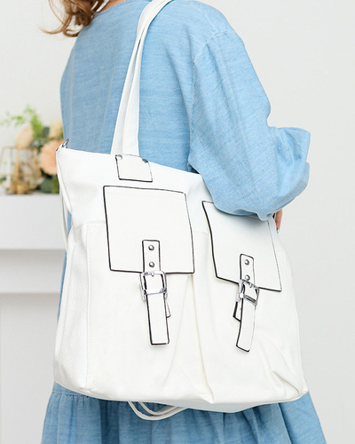 Geantă shopper de damă albă cu buzunare decorative - Accesorii