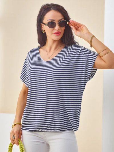 Bluza Royalfashion din viscoză pentru femei cu dungi, manșon scurt și finisaj sclipitor