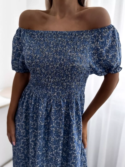 Rochie midi cu flori de culoare albastră pentru femei - Îmbrăcăminte