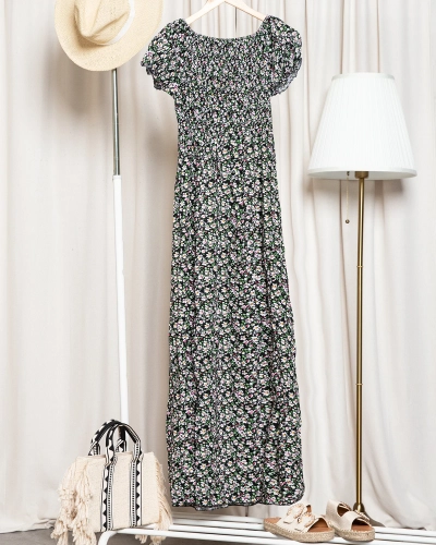 Rochie midi neagră cu flori pentru femei - Îmbrăcăminte