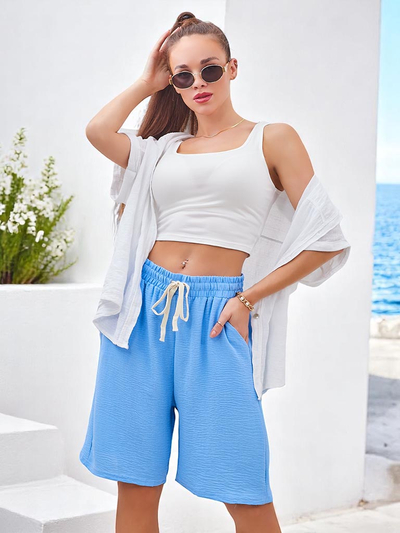 Royalfashion Pantaloni scurți de damă cu brâu elastic reglabil și șnururi până la genunchi