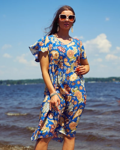 Royalfashion Rochie de damă cobalt cu model floral colorat