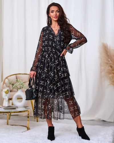 Royalfashion Rochie midi neagră din plasă cu imprimeu