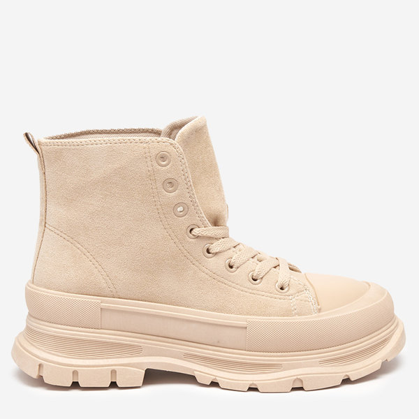 OUTLET Botine de damă bej cu șireturi cu toc plat Wertika - Încălțăminte