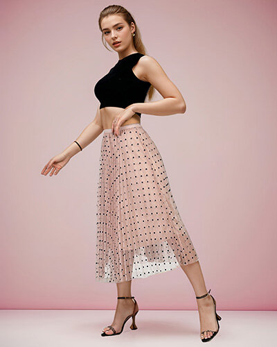 Royalfashion Fustă midi cu buline în două straturi pentru femei