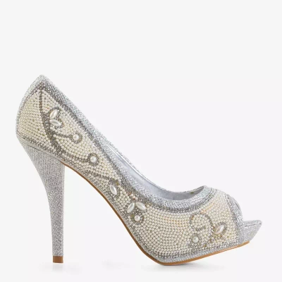 OUTLET Pompe argintate din brocart pentru femei, cu ornamente Belis - Pantofi
