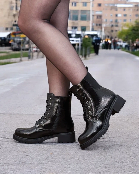 Royalfashion Cizme bagger de damă din piele ecologică neagră cu patent Gaddaxa