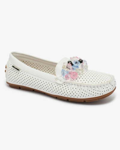 Royalfashion Mocasini albi de damă, ajurați, cu cristale decorative Cizzas