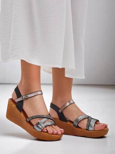 Sandale cu toc wedge pentru femei Royalfashion cu pietre strălucitoare și sclipici Eclat