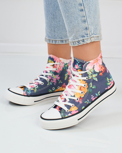 Royalfashion Adidași înalți de damă de culoare albastru marin cu imprimeu floral colorat Fahenna