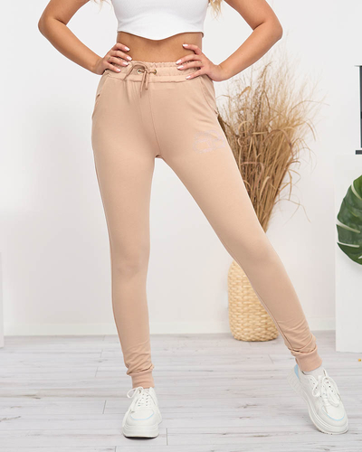 Pantaloni de trening de dama bej cu zirconiu cubic - Imbracaminte