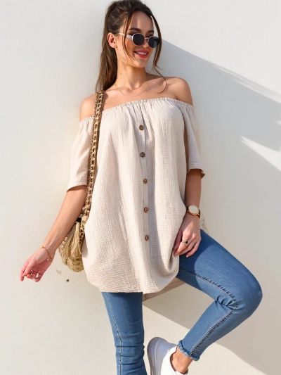 Bluza de bumbac pentru femei Royalfashion în stil spaniol cu butoane decorative