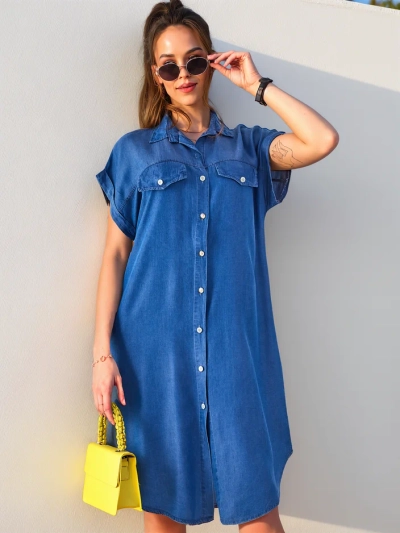 Royalfashion Rochie tunică pentru femei cu nasturi tip denim