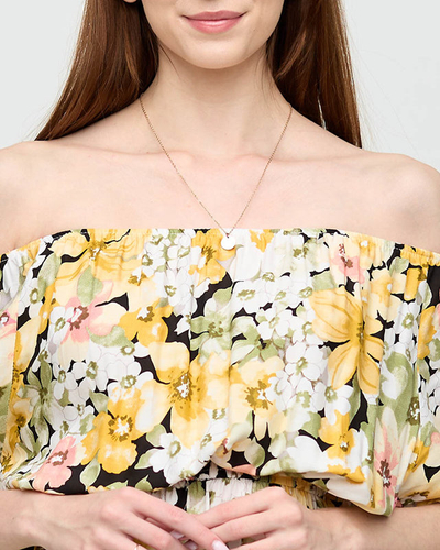 Rochie galbenă până la genunchi cu model floral multicolor - Îmbrăcăminte