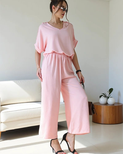 Royalfashion Set casual pentru femei, cu bluză cu mânecă scurtă și pantaloni largi