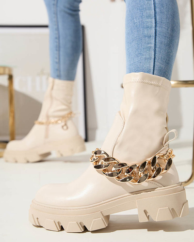 Cizme din piele ecologică crem pentru femei cu lanț Adiza - Încălțăminte