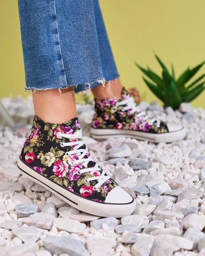 Royalfashion Adidași înalți negri de damă cu model floral Soxic