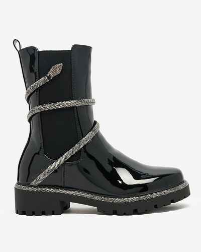 Royalfashion Cizme negre lăcuite pentru femei cu ornament la modă Frosty Glam