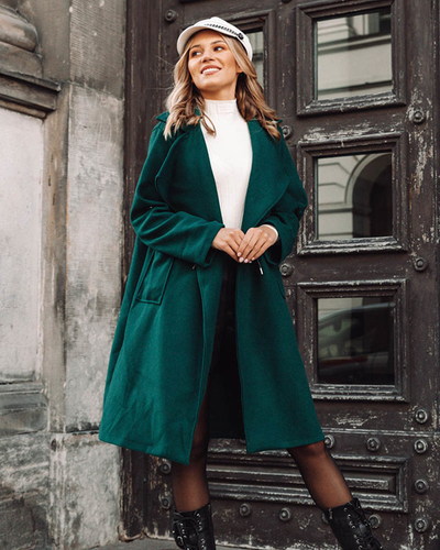 Palton lung de damă fără închizătoare de culoare verde închis - Îmbrăcăminte