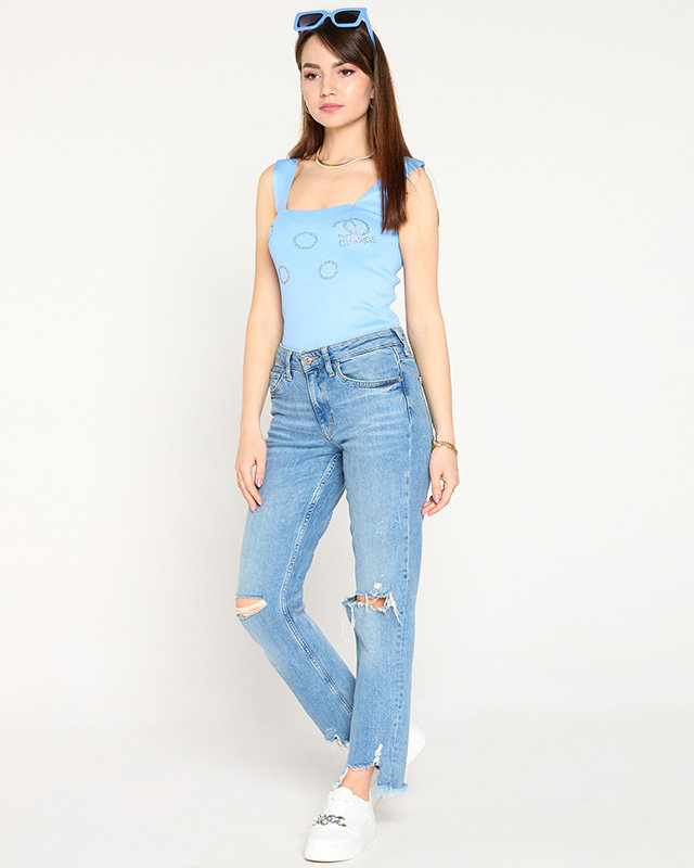 Top de damă albastru deschis cu zirconiu cubic auriu - Îmbrăcăminte