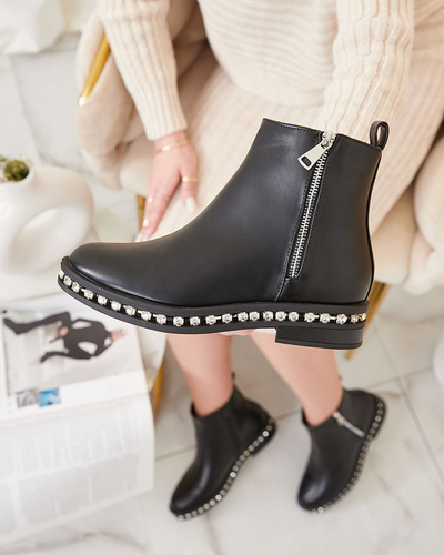 Royalfashion Cizme negre cu toc plat pentru femei, cu zirconii Wiskuni