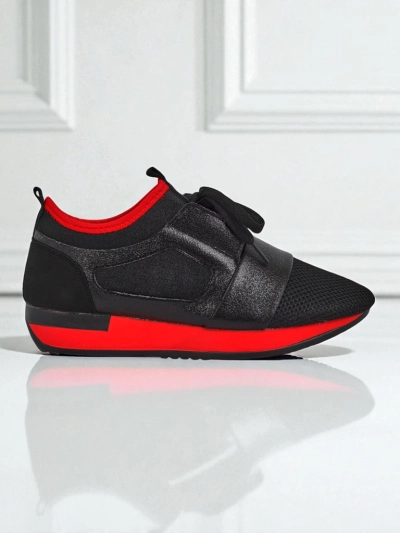 Sneakers de damă Artemida Nero din material textil și piele ecologică cu accent roșu