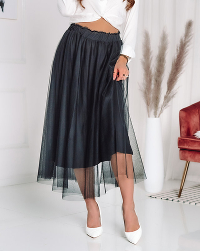 Fustă midi de damă cu două straturi, neagră - Îmbrăcăminte