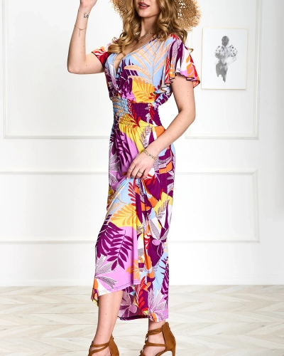 Rochie lungă pentru femei mov cu imprimeu floral - Îmbrăcăminte