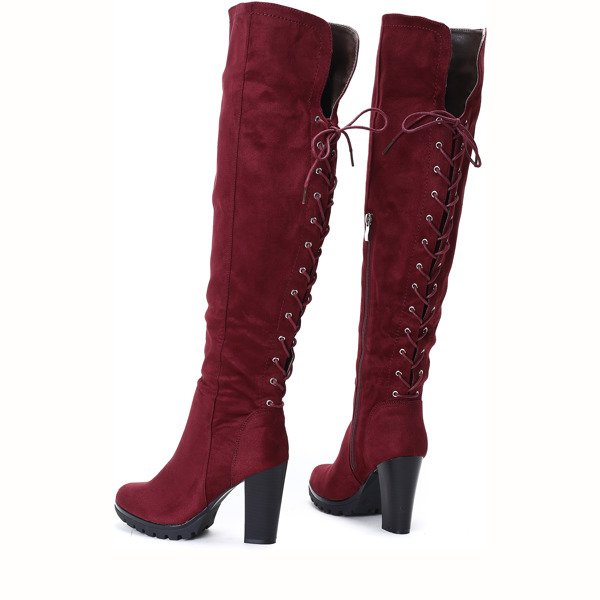 Bordowe kozaki na słupku Silvie - Obuwie