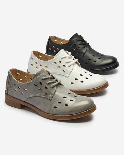 Pantofi de damă cu șiret din piele ecologică traforată, de culoare neagră Selofso- Footwear
